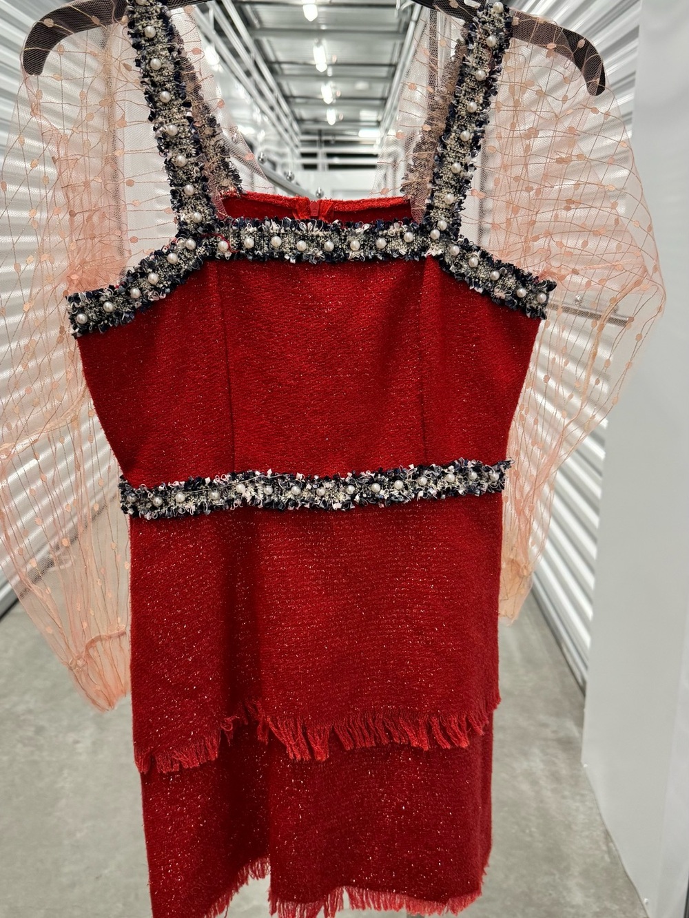 Woman’s Sparkle Red Tweed Dress with Embellished Trim